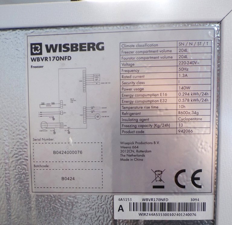 Wisberg vrieskast WBVR170NFD - 6 lades