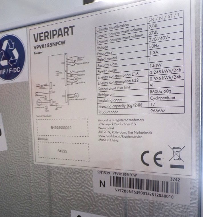 Veripart VPVR185NFCW vrieskast - 274 liter